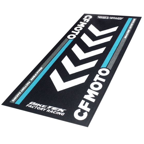 Black garage mat featuring a bold white and teal graphic design with "CF MOTO" text and chevron patterns, measuring 190 x 80 cm, made by BikeTek.