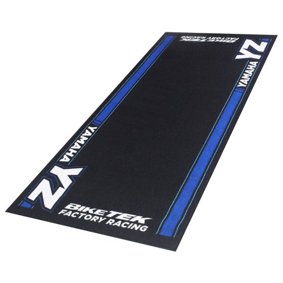 Black carpet featuring blue and white accents, with "Yamaha YZ" and "BikeTek Factory Racing" logos prominently displayed along the edges.
