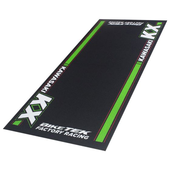 Black garage mat featuring Kawasaki KX branding in vibrant green and white, measuring 190 x 80 cm, designed for motorcycle maintenance by BikeTek.
