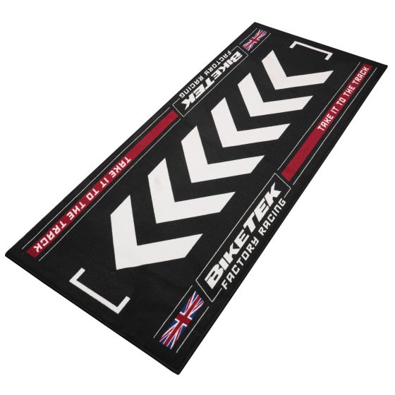 Black garage mat featuring white chevron patterns and red accents, measuring 190x80cm, with "BikeTek" branding and a British flag design.