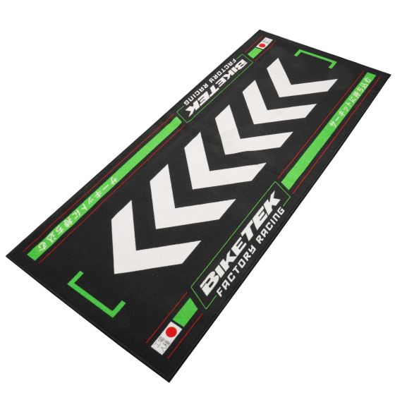 BikeTek Series 7 Garage Mat in green and black, featuring a rising sun design with white chevron patterns, measuring 190x80cm, made from durable material for garage use.