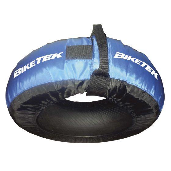 Blue and black padded tyre transit/storage bag with a durable exterior, featuring the "BikeTek" logo prominently displayed in white.