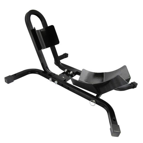 Black metal front wheel chock designed for bikes, featuring a curved support base, adjustable height, and a sturdy frame for stability, accommodating wheel sizes from 17 to 21 inches.