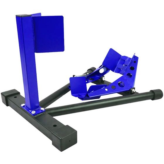 Black and blue motorcycle wheel chock made of durable metal, featuring a sturdy base, adjustable wheel cradle, and a vertical support for secure bike positioning.