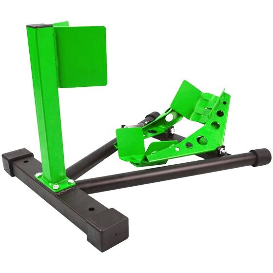 Black and green motorcycle wheel chock with a sturdy metal frame, featuring adjustable arms for securing the wheel and a vertical support for stability.