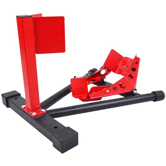 Black and red motorcycle wheel chock featuring a sturdy metal frame, adjustable rubber grips, and a vertical support to secure the bike in place.