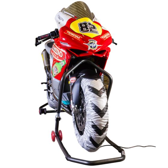 Silver tyre warmer for motorcycles, featuring a UK plug, designed for 120/70-17 front and 180 rear tyres, with a durable material and a striking black and white chevron pattern.