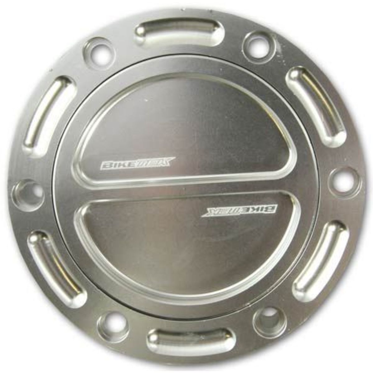 Keyless race fuel filler cap by BikeTek, featuring a sleek silver aluminum design with a smooth, rounded surface and multiple ventilation grooves, suitable for Aprilia RS models.