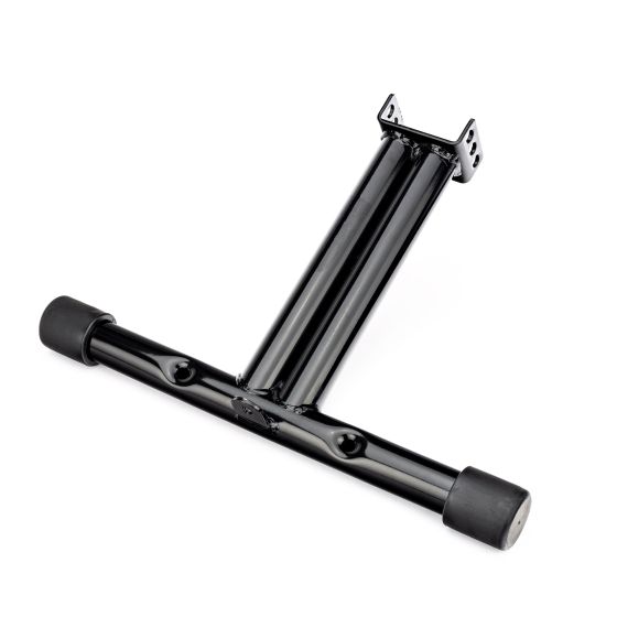 Black metal BikeTek Wheel Chock Conversion Kit with a T-shaped design, featuring rubber ends for stability and mounting brackets for easy installation.