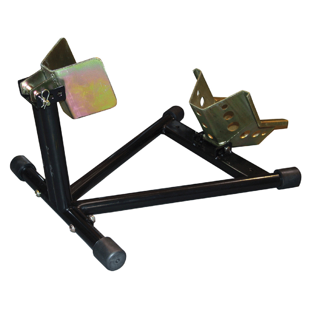 Black metal motorcycle wheel chock with a triangular base, featuring adjustable metal clamps and rubber feet for stability, designed for transport and shipping.