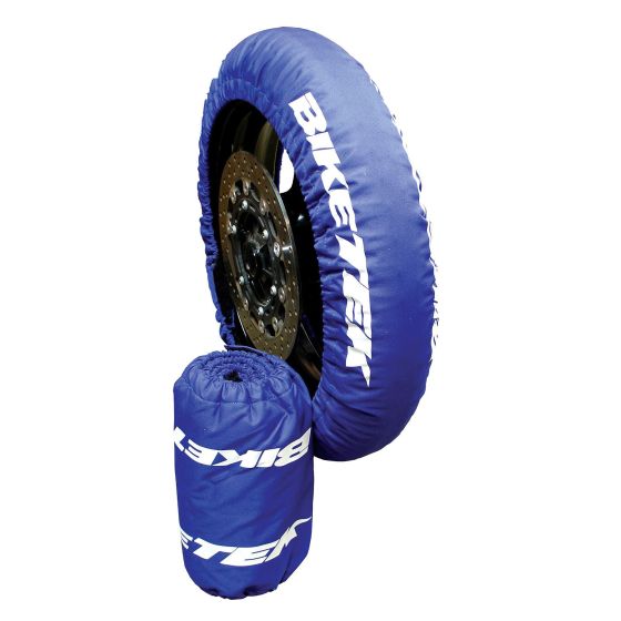 Blue Biketek motorcycle tyre warmers designed for track racing, featuring a durable fabric cover and a compact storage bag, suitable for sizes 120/70-17 and 200/55-17.