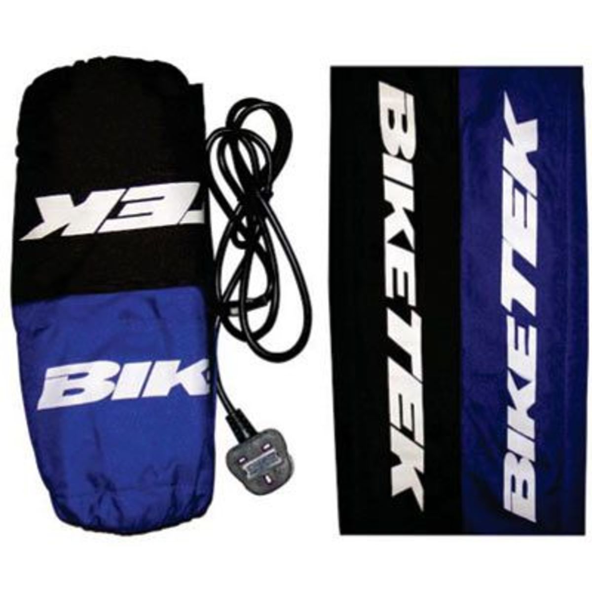 Black and blue BikeTek motorcycle tyre warmers with a UK 3-pin plug, designed for 120/70-17 front and 160 rear tyres, featuring a durable material and prominent branding.