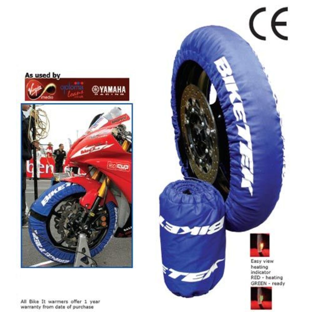Blue BikeTek motorcycle tyre warmers with a textured exterior, featuring a heating indicator and a compact storage bag, designed for superbikes and track day racing.