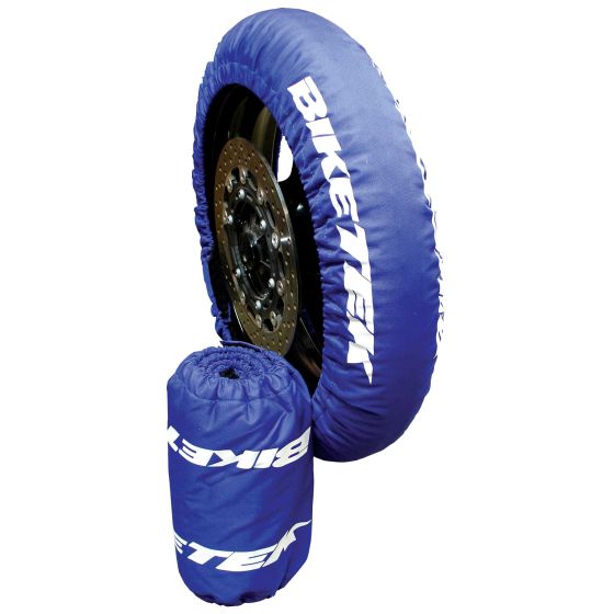 Blue fabric motorcycle tyre warmers with a UK 3-pin plug, designed for 120/70-17 front and 180/195 rear tyres, featuring the BikeTek logo prominently displayed.