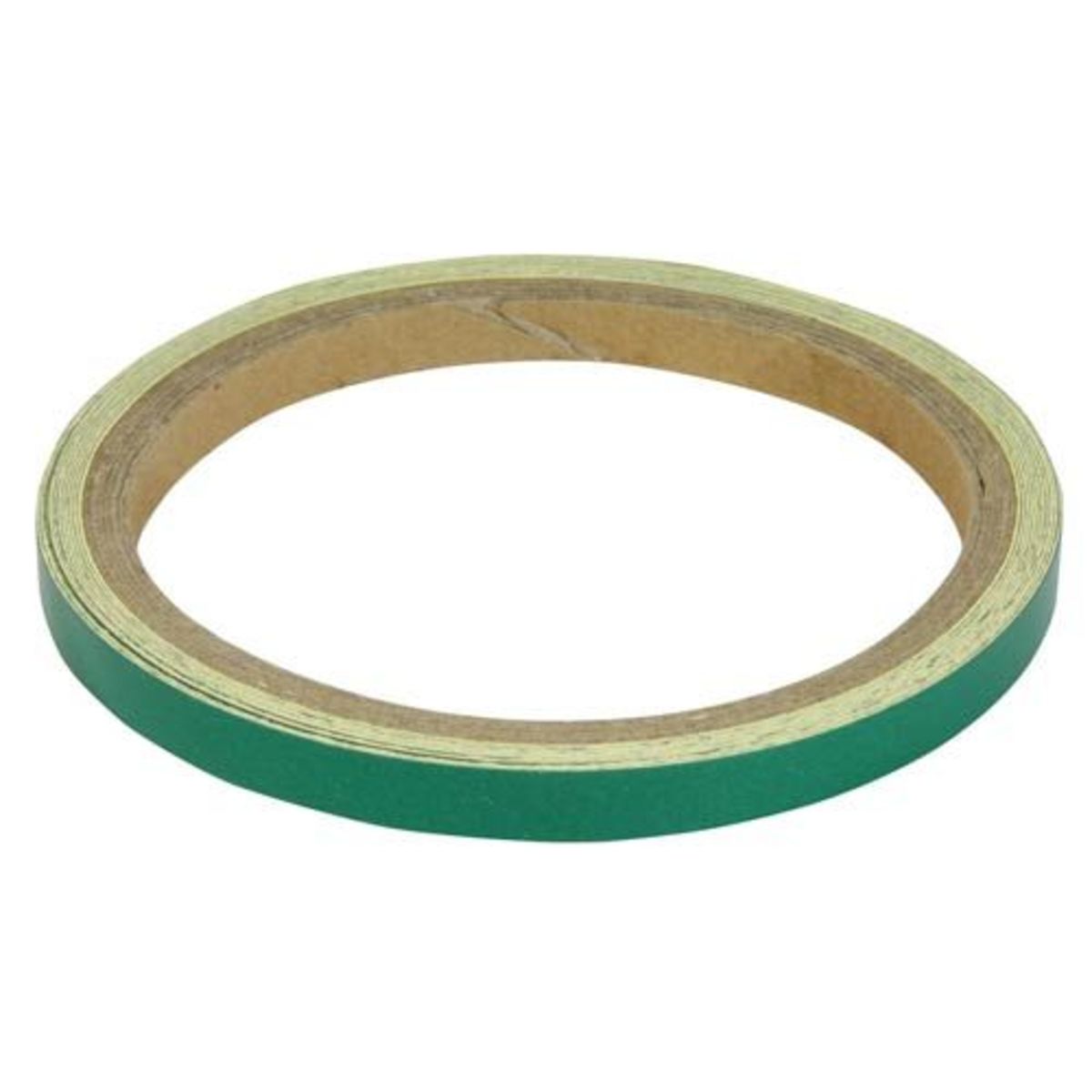 Green reflective tape on a roll, 7mm wide, designed for motorcycle wheels or body, featuring a glossy finish and strong adhesive backing for visibility and safety.