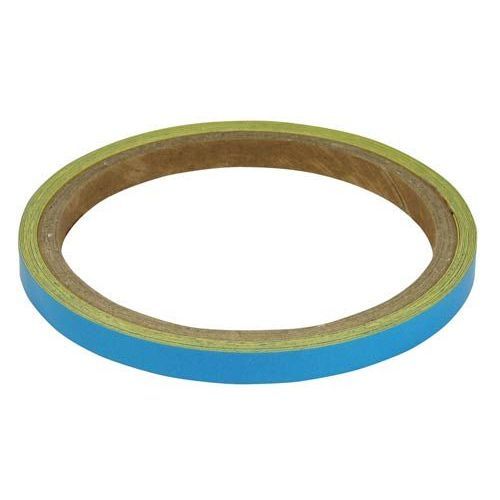 Light blue reflective tape on a circular roll, designed for motorcycle wheels or body, measuring 7mm in width, featuring a glossy finish for visibility.