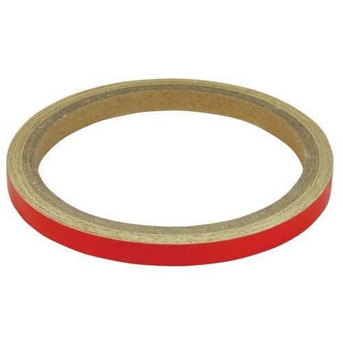 7mm reflective red tape on a roll, featuring a glossy finish and a strong adhesive backing, designed for enhancing visibility on bike wheels and bodywork.