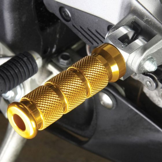 Gold alloy round sports pillion footpeg with a textured grip, designed for Yamaha motorcycles, showcasing a sleek and durable construction.