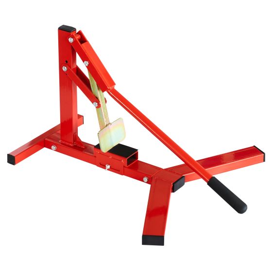 Portable manual tyre bead breaker tool in bright red metal, featuring a sturdy base, adjustable lever, and a rubber-coated handle, designed for 15-21" wheels.