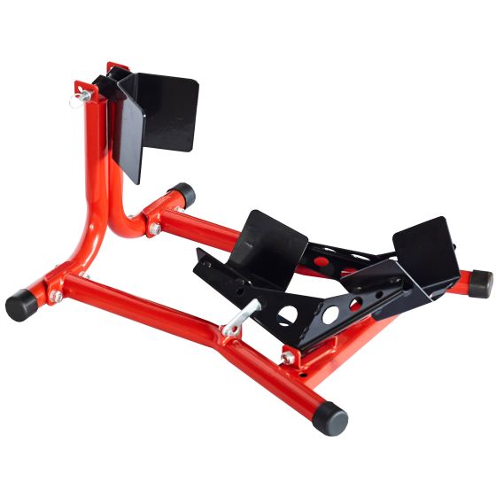 Red metal front wheel chock with black rubberized supports, designed to securely hold a bike's front wheel in place during maintenance or storage.