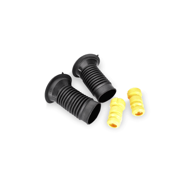 Two black rubber shock absorber dust covers with ribbed texture, accompanied by two yellow bump stops, designed for front axle service parts.