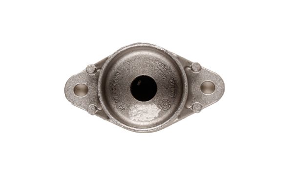 BILSTEIN 12-225347 top strut mount for rear axle, featuring a metallic silver finish, circular design with a central hole, and two mounting points on the sides.