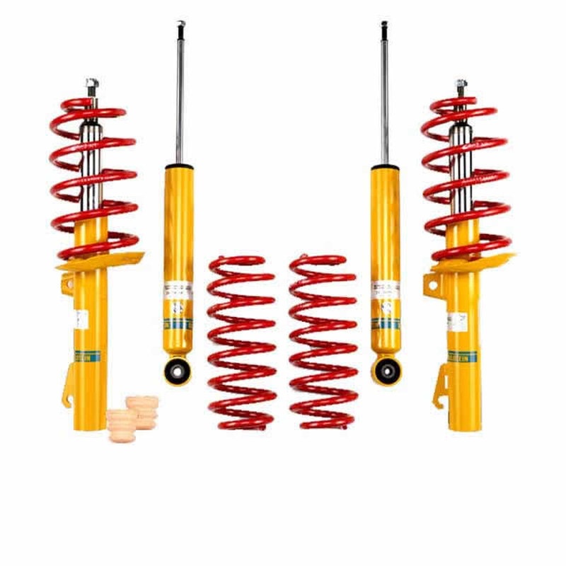 Bilstein B12 Sportline Suspension Kit featuring yellow shock absorbers and red coil springs, designed to lower vehicle height by 40mm for enhanced performance.