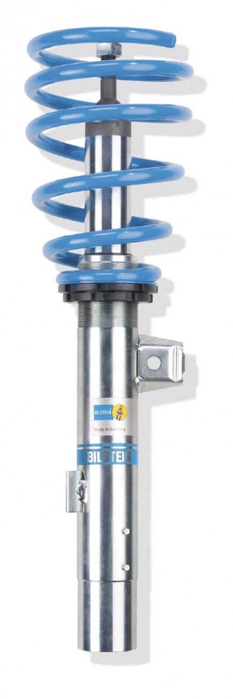 Bilstein B14 PSS Coilover Suspension Kit featuring a silver metal body, blue coil spring, and adjustable height settings for front and rear lowering from 10-35mm.
