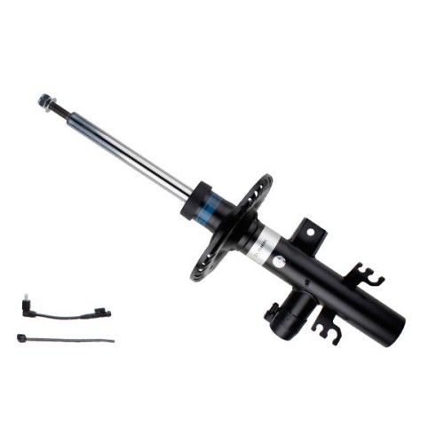 Black gas pressure shock absorber with a silver top pin, featuring a twin-tube design and DampTronic® technology, includes two attached wires for installation.