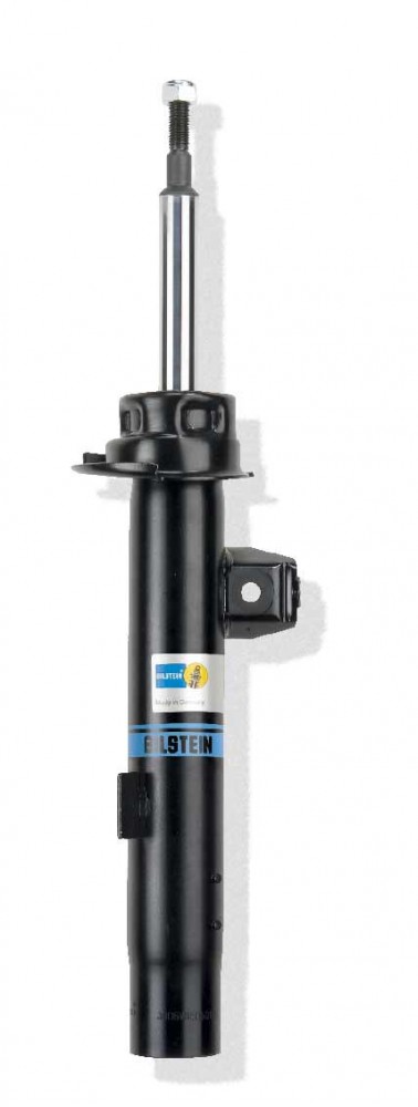 Black gas pressure shock absorber with a twin-tube design, featuring a spring-bearing damper and top pin, labeled with a blue and yellow Bilstein logo.