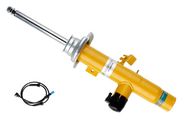 Yellow gas pressure shock absorber with twin-tube design, featuring a top pin, mounting bracket, and an attached wire harness for the front axle right side.