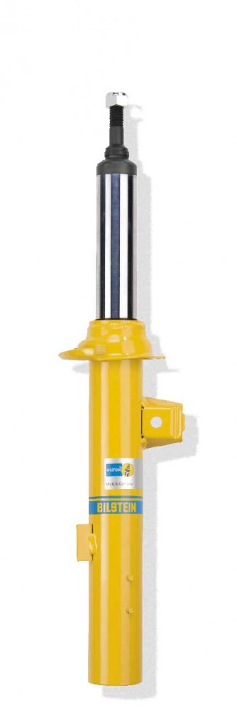 Yellow gas pressure shock absorber with a twin-tube design, featuring a polished chrome shaft, top pin, and Bilstein branding on a blue label.