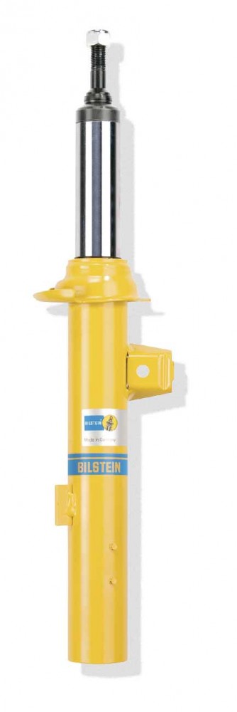 Yellow gas pressure shock absorber with a twin-tube design, featuring a silver piston rod and a blue and white label with "BILSTEIN" printed on it, designed for front axle right suspension.