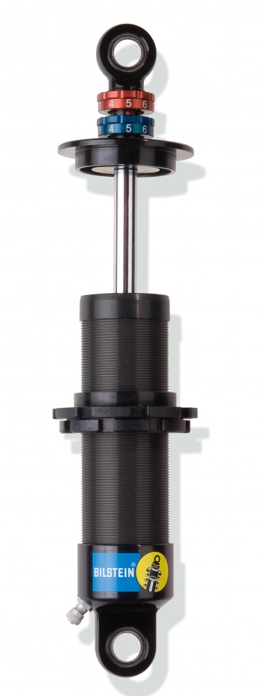 Black shock absorber with a metallic silver shaft, featuring adjustable settings marked in red and blue at the top, and a yellow Bilstein logo on the lower section.