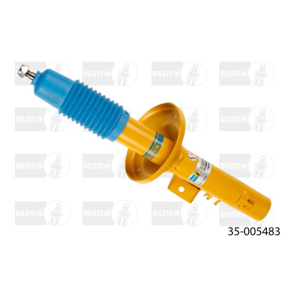 Yellow gas pressure shock absorber with a blue rubber boot, single tube design, featuring a top pin and labeled with the Bilstein logo and part number 35-005483.