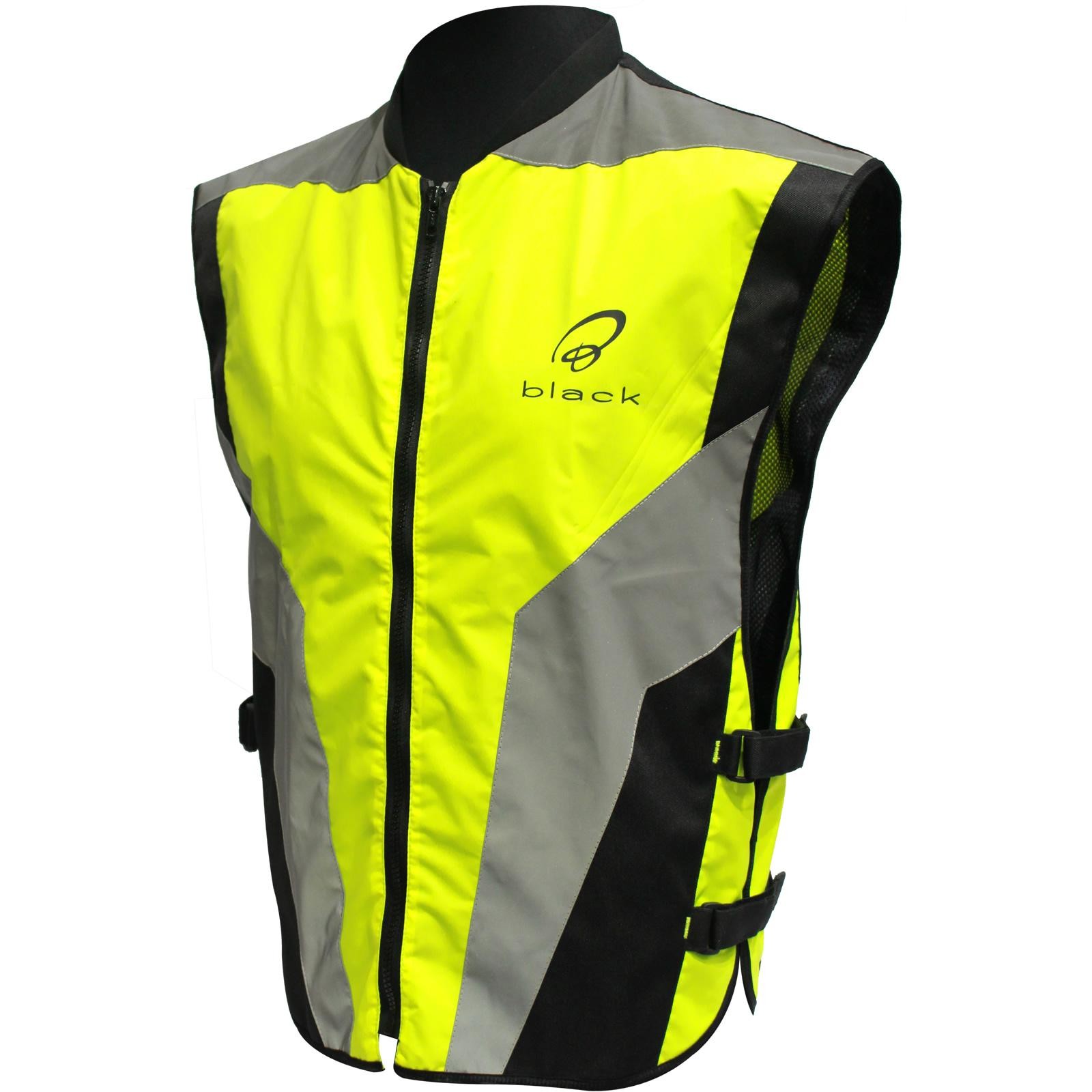 Black hi-visibility motorcycle vest featuring bright yellow Cordura fabric, mesh panels, a front zipper, and adjustable side straps for a secure fit.