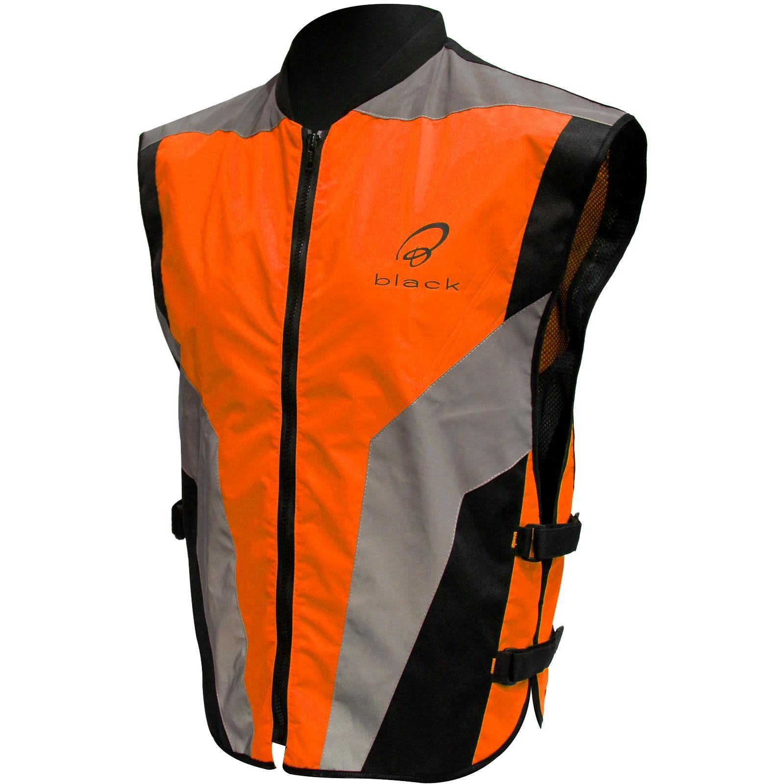 Black Hi-Vis motorcycle vest made of Cordura, featuring a bright orange front with gray accents, a zippered closure, and adjustable straps on the sides for a secure fit.
