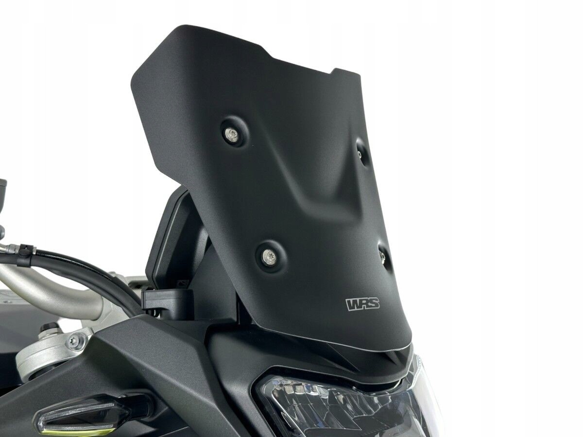 Matte black WRS motorcycle windscreen for BMW F900 GS, featuring a sleek design with visible mounting screws and a contoured shape for enhanced aerodynamics.