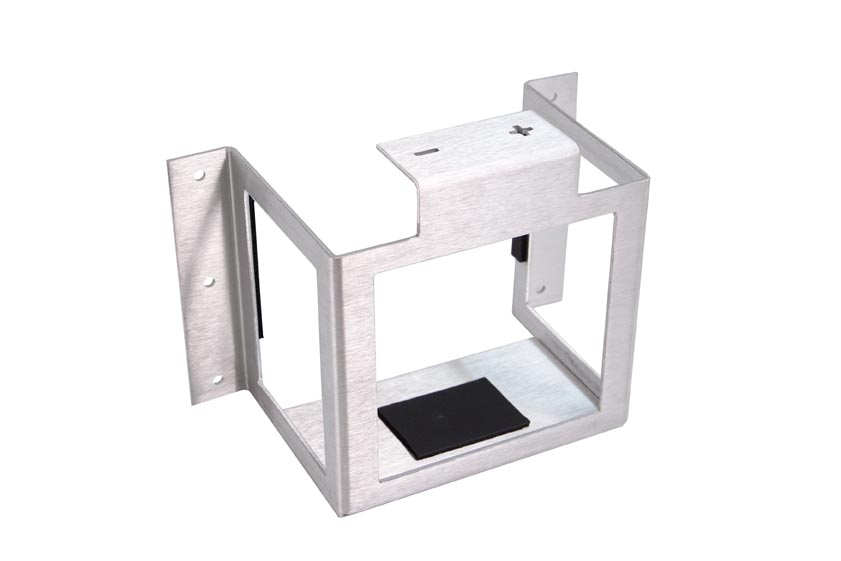 Aluminium battery mount kit in silver, featuring a rectangular frame with cutouts, a top plate with a positive terminal, and a black rubber pad at the base for stability.