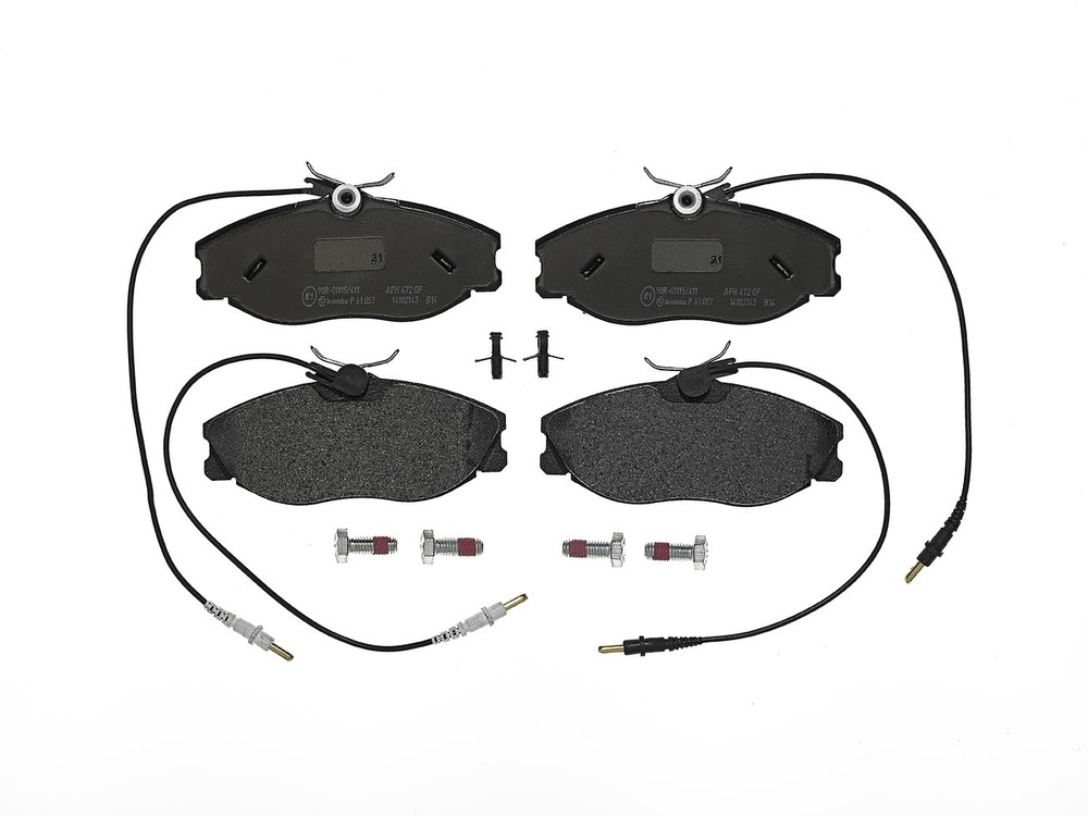 Black brake pad set with wear warning contacts, featuring anti-squeak plates and included accessories like bolts and clips for installation.