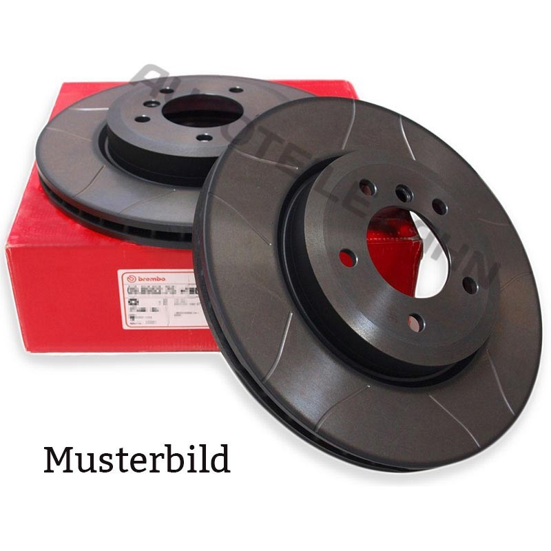 Slotted, coated brake disc in dark gray with a smooth finish, featuring multiple holes and a sturdy design, displayed alongside a red box labeled BREMBO MAX.