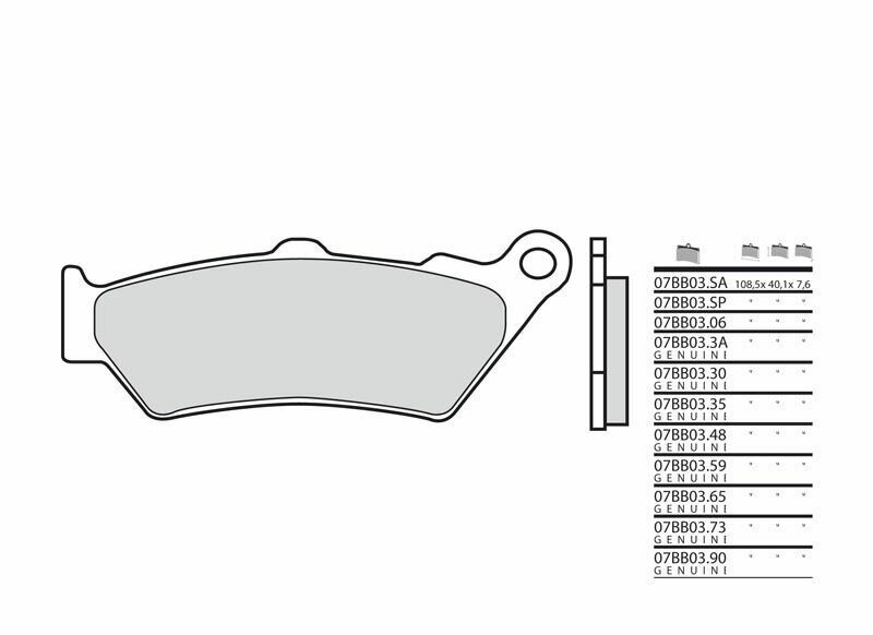 BREMBO 07BB03SA brake pad set in sintered material, featuring a smooth surface and distinctive shape, with part numbers listed on the side for identification.