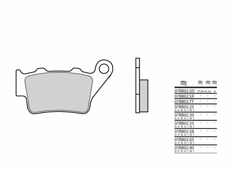 BREMBO 07BB02SD brake pad set features a sintered design with a metallic finish, ideal for offroad racing, showcasing detailed dimensions and model numbers on the side.