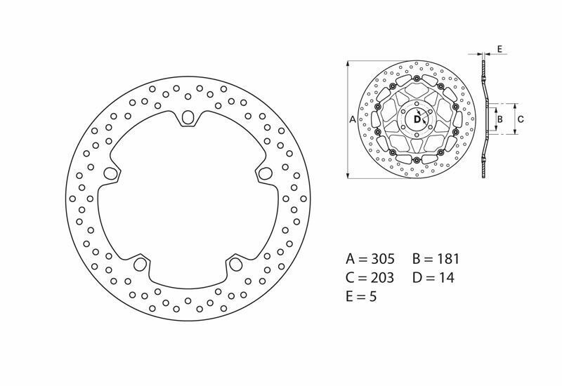 BREMBO 68B407D6 brake disc features a perforated design, metallic finish, and dimensions labeled A, B, C, D, and E for precise specifications.