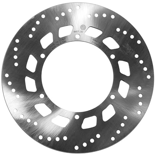 Perforated silver brake disc with a circular design, featuring multiple cutouts for improved performance, labeled "BREMBO 68B407D0" and "Serie-Oro."