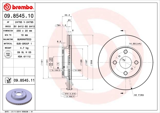 BREMBO brake disc, internally vented, coated, featuring a metallic gray finish, with detailed dimensions and specifications printed on a white background.
