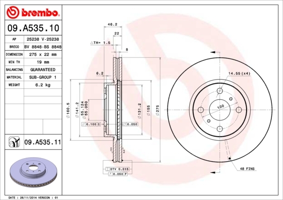 Internally vented brake disc in grey, featuring a coated surface, with dimensions of 275mm diameter and 22mm thickness, labeled with Brembo branding and part number 09.A535.11.