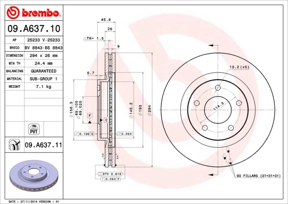 Internally vented brake disc with a coated surface, featuring a circular design, dimensions of 294 mm diameter and 26 mm thickness, marked with Brembo branding and technical specifications.