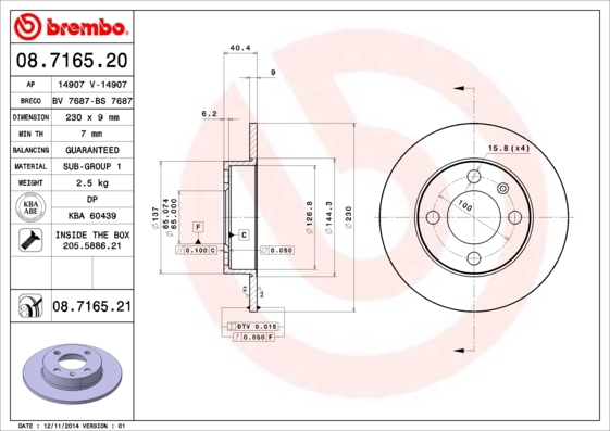 Solid coated brake disc by Brembo, featuring a circular design with a smooth surface, labeled dimensions of 230 x 9 mm, and includes bolts/screws for installation.