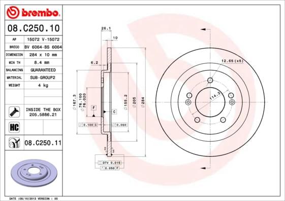 Solid high-carbon brake disc in grey with a coated finish, featuring multiple bolt holes and dimensions of 284 x 10 mm, labeled with Brembo branding and part number 08.C250.11.
